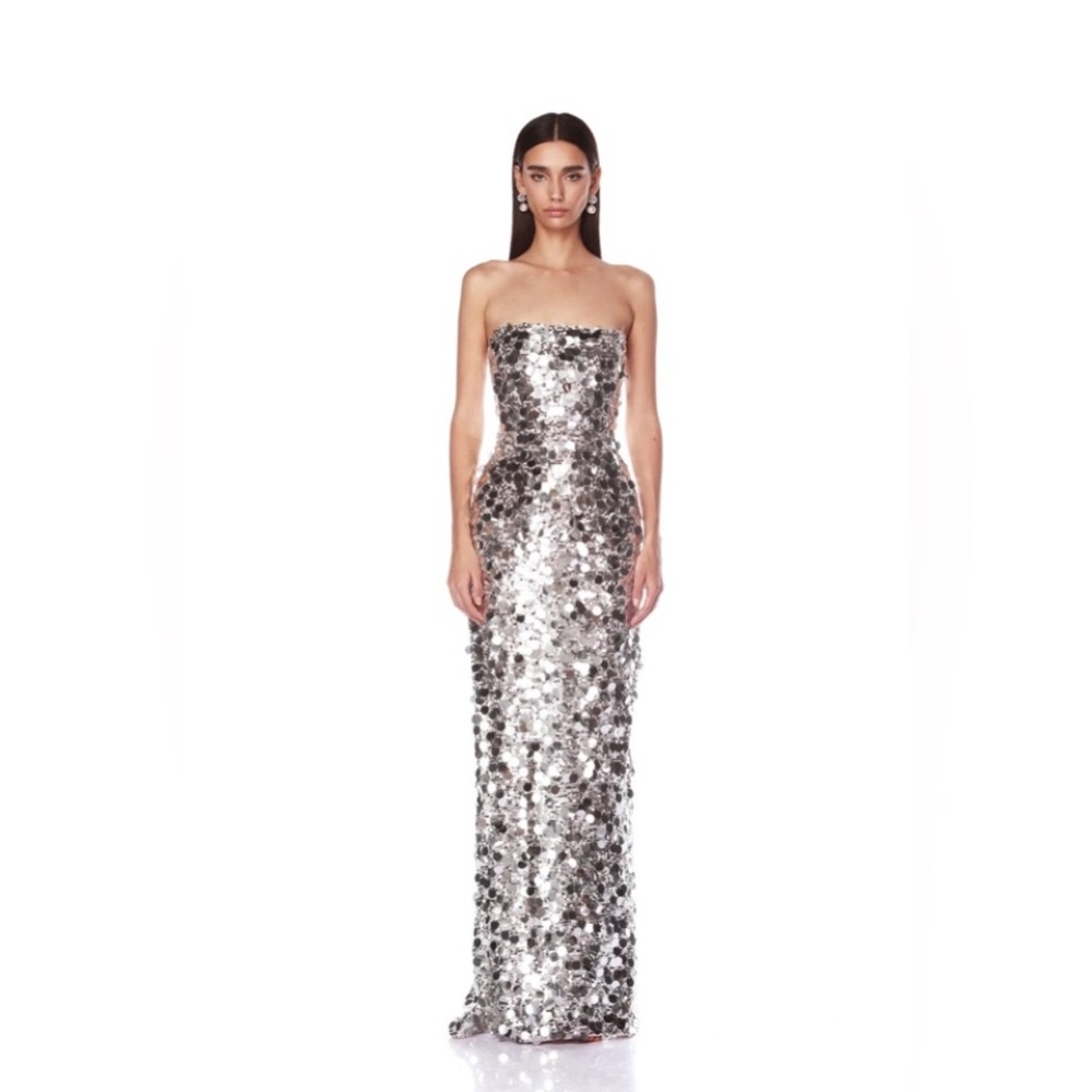NWOT Bronx and Banco Farah Strapless Sequin Gown Silver Australian Large US6-8